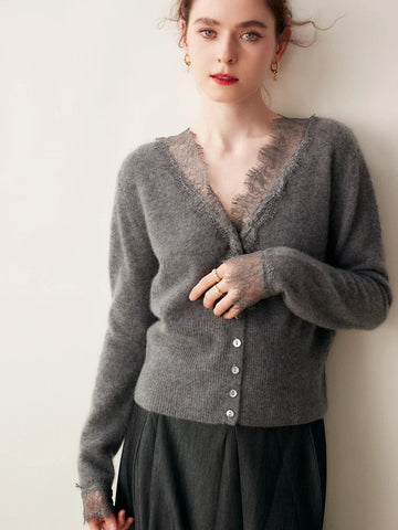 Women’s Fitted Cardigan with Lace Trim and Button Front