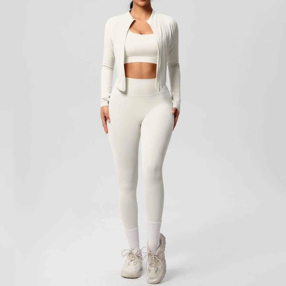 Women's Three Piece Gym Set - Cropped Jacket - Sports Bra - High Waist Leggings