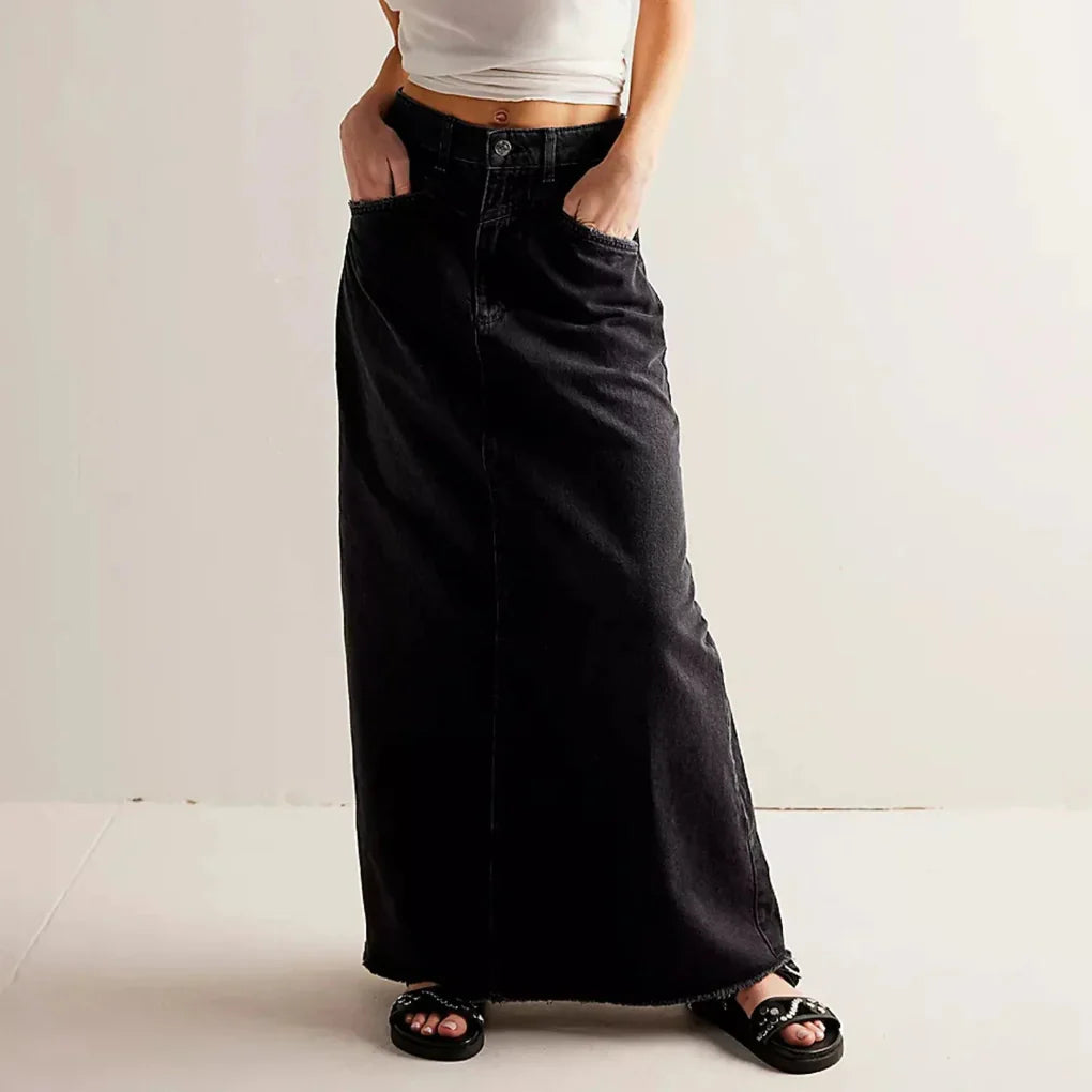 Women's High Waist Straight Denim Maxi Skirt with Raw Hem