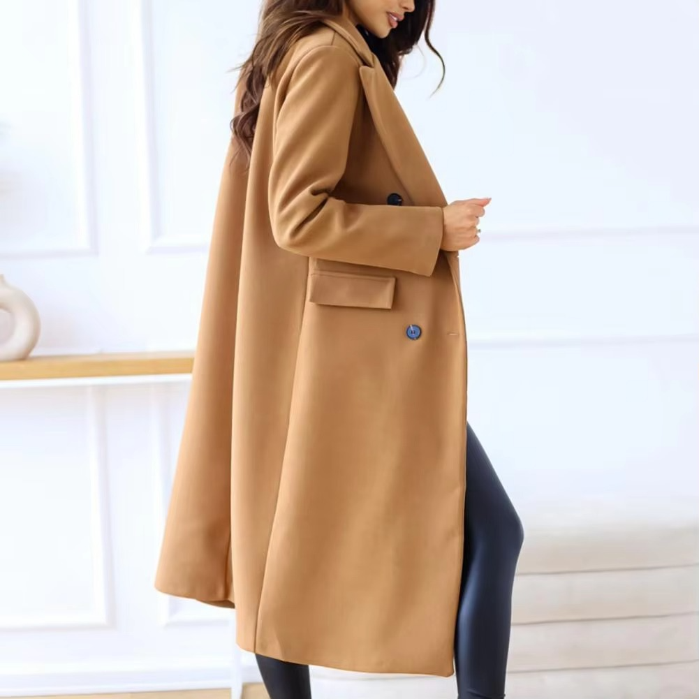 Mid Length Coat with Double Breasted Buttons and Structured Lapel