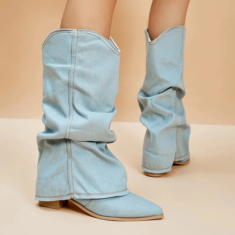 Women’s Knee-High Denim Boots with Pointed Toe and Slouch Shaft