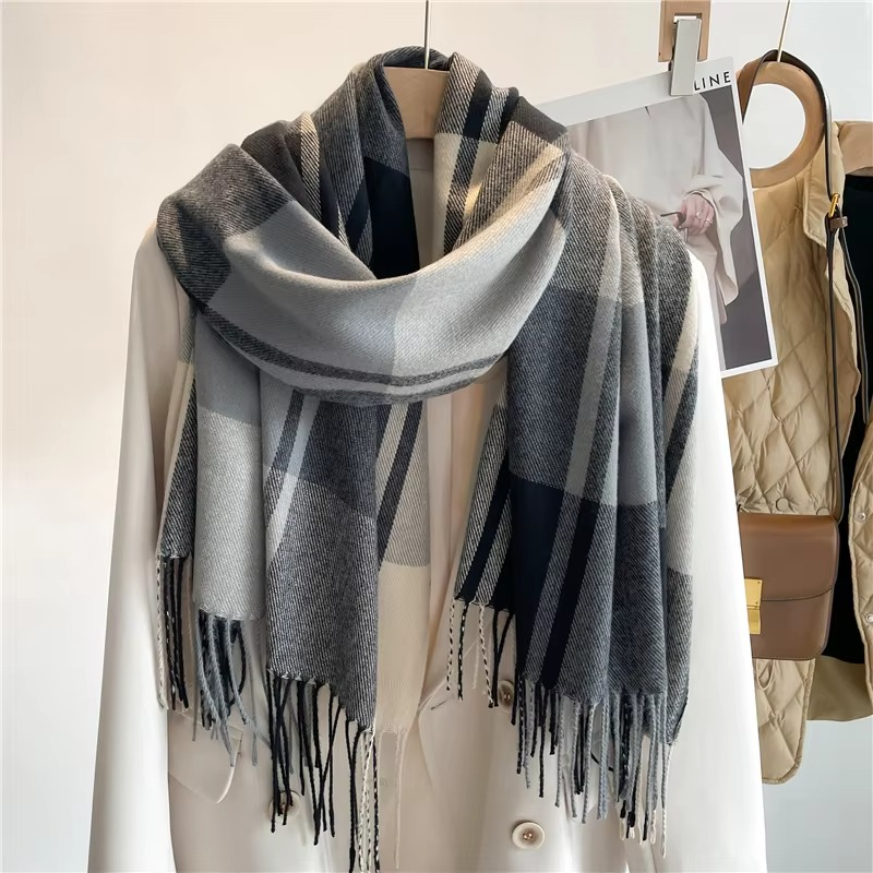 Woven Plaid Scarf with Tassel Fringe Edges and Adjustable Wrap, 78in x 27in