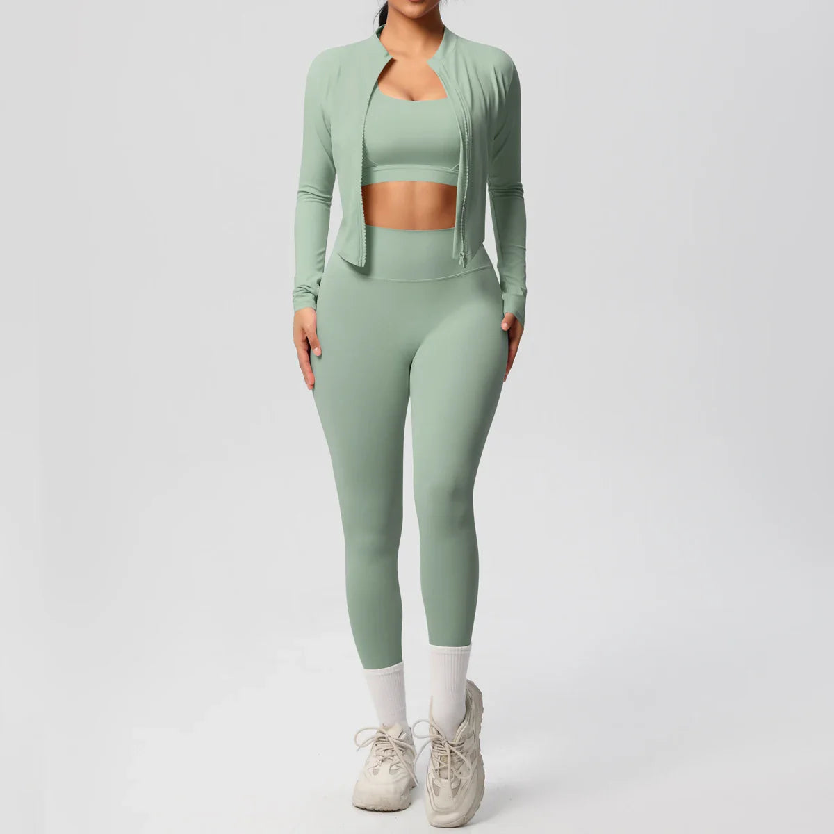 Women's Three Piece Gym Set - Cropped Jacket - Sports Bra - High Waist Leggings