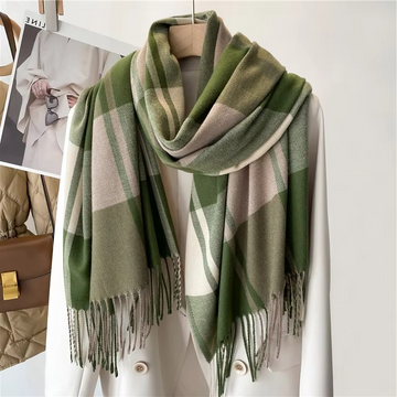 Woven Plaid Scarf with Tassel Fringe Edges and Adjustable Wrap, 78in x 27in