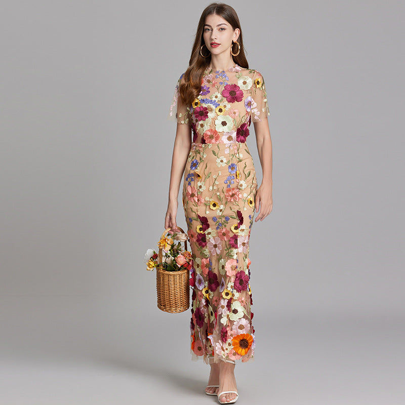 Women’s Floral Embroidered Maxi Dress with Sheer Overlay