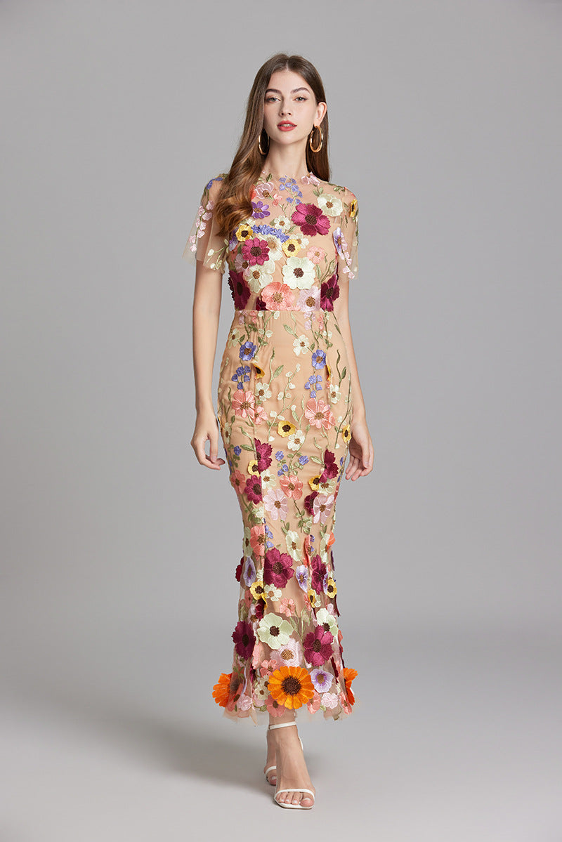Women’s Floral Embroidered Maxi Dress with Sheer Overlay