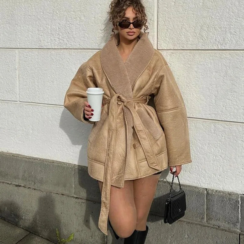 Women’s Belted Winter Jacket - Mid Length - Long Sleeve - Plush Lined - Structured Silhouette