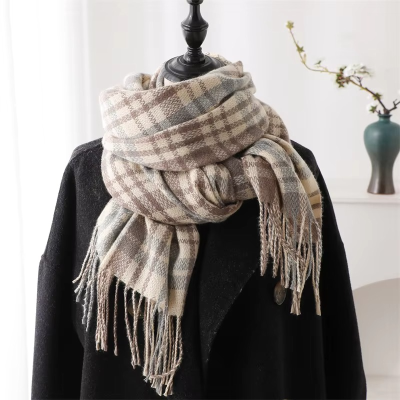 Woven Plaid Scarf with Tassel Fringe Edges and Adjustable Wrap, 78in x 27in