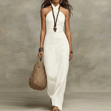 Women's Maxi Dress Linen Halter Neck Crossover Bodycon