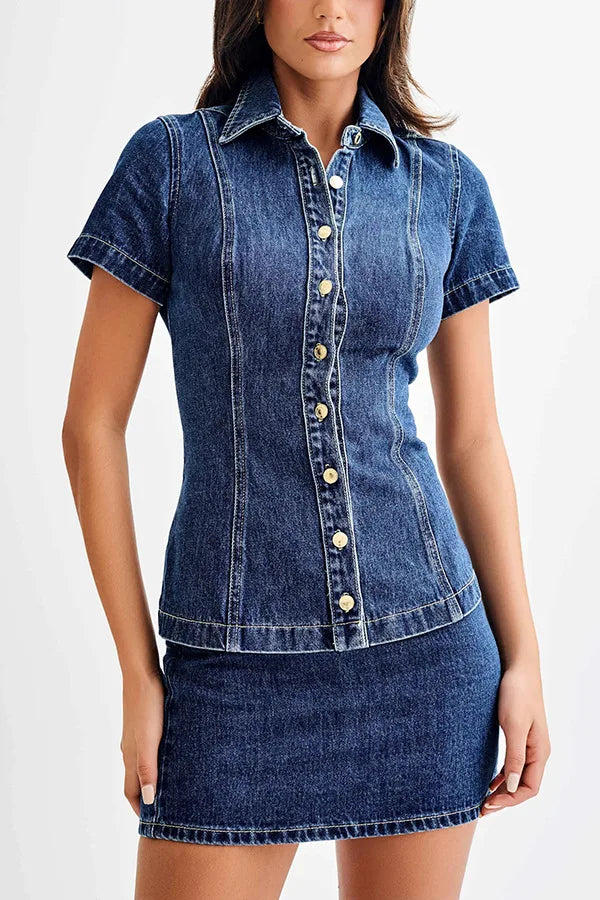 Women’s Denim Two Piece Set with Short Sleeve Button Front Collared Top and Mini Skirt