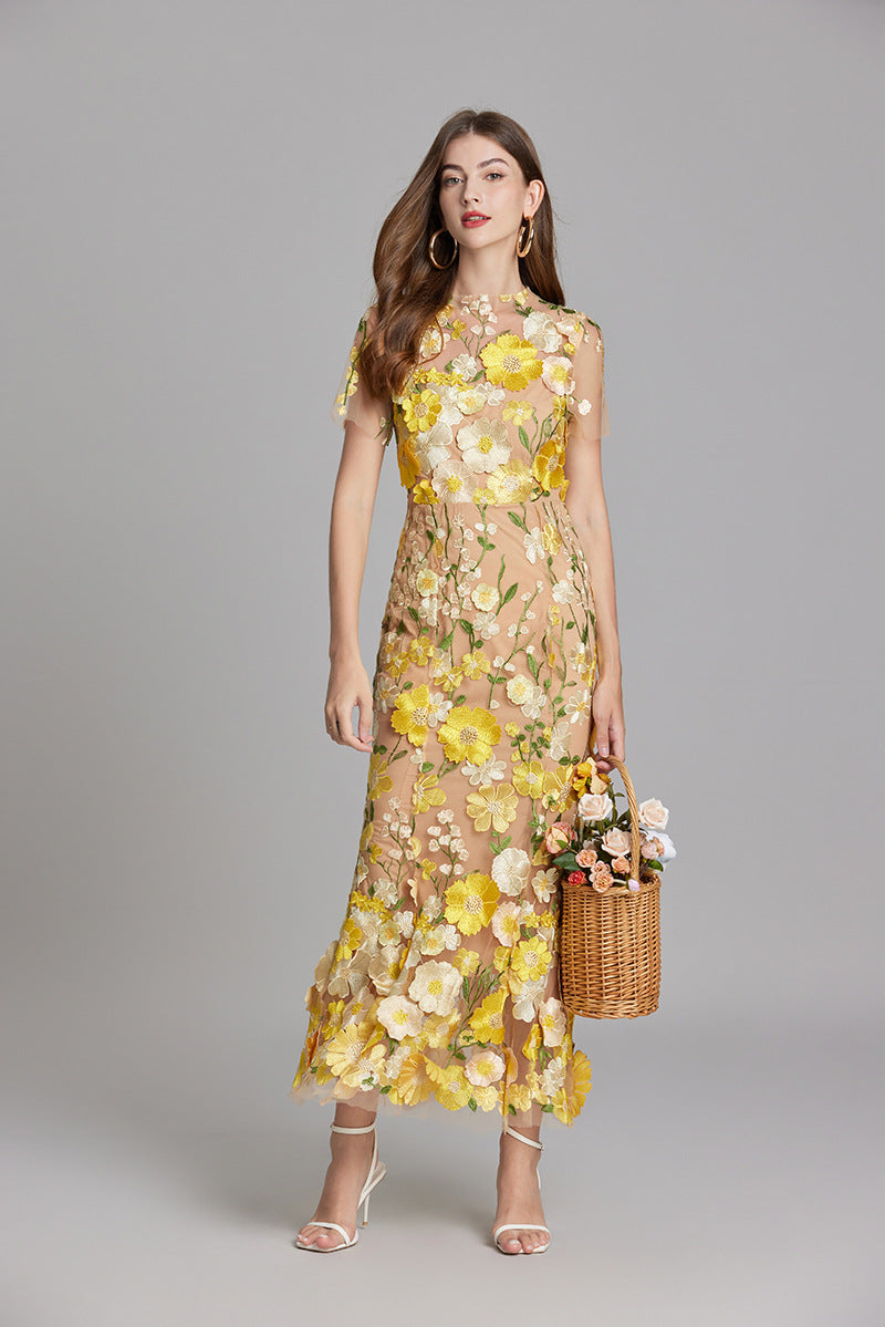 Women’s Floral Embroidered Maxi Dress with Sheer Overlay