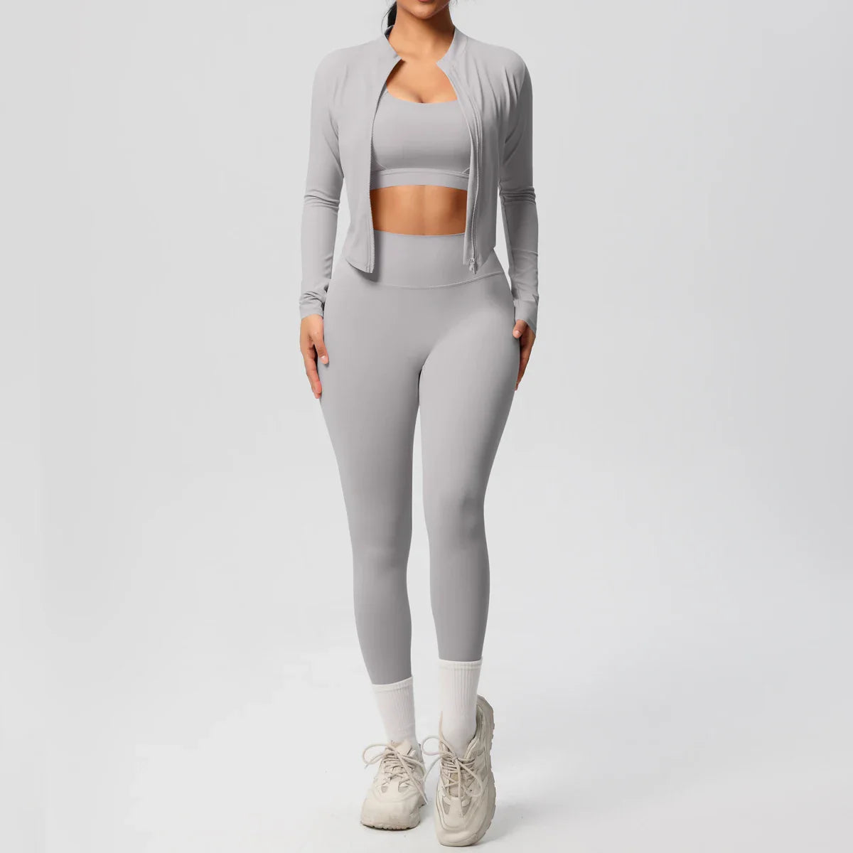 Women's Three Piece Gym Set - Cropped Jacket - Sports Bra - High Waist Leggings