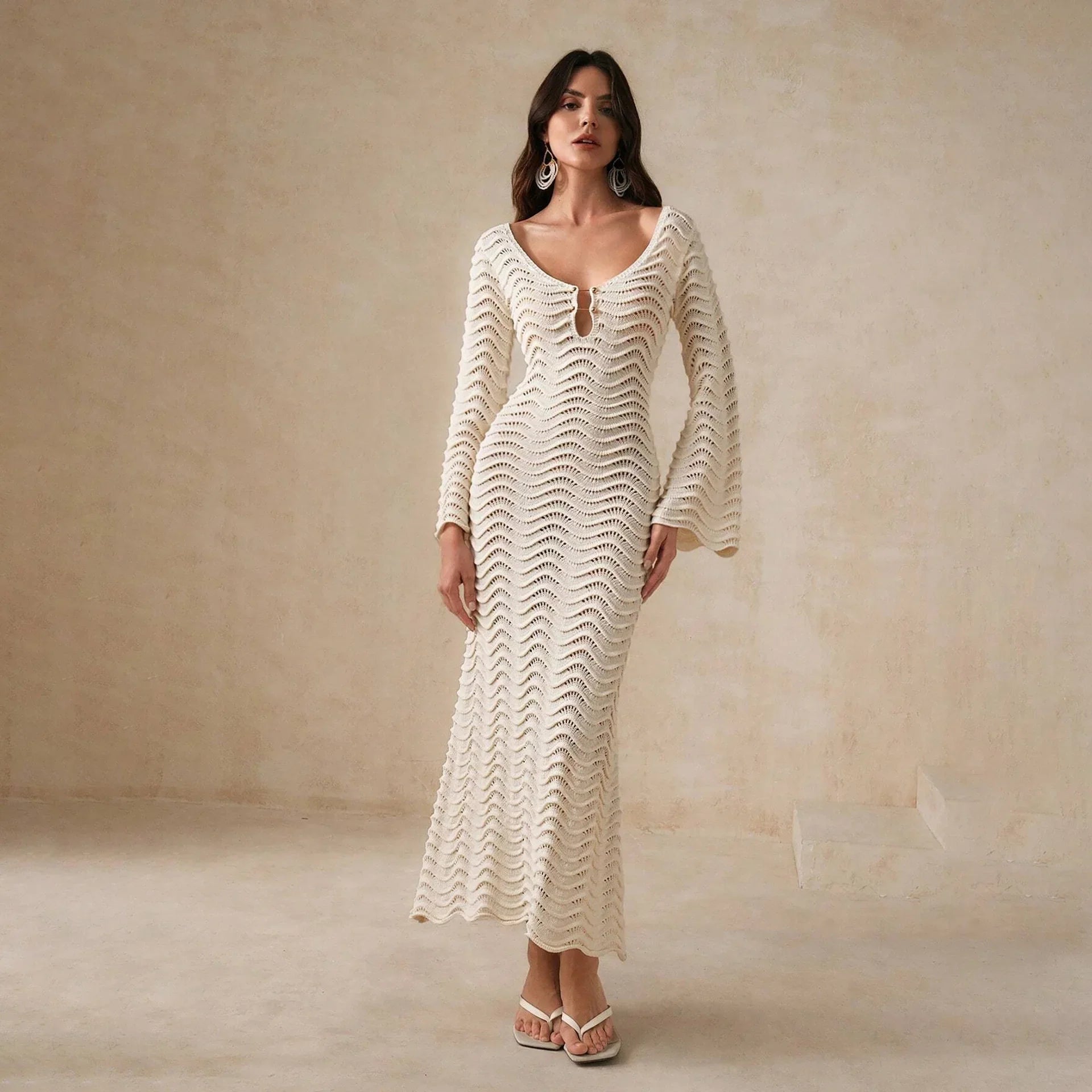 Women’s Open Knit Maxi Dress with Long Flared Sleeves Button Front Keyhole Detail and Tie Back Design