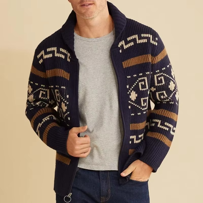 Textured Jacquard Knit Cardigan with Shawl Collar and Full Length Zipper