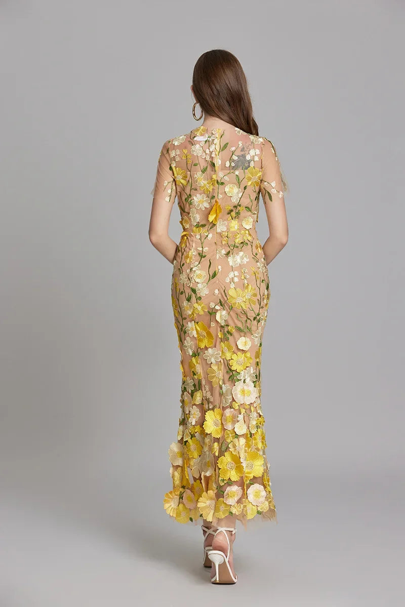 Women’s Floral Embroidered Maxi Dress with Sheer Overlay