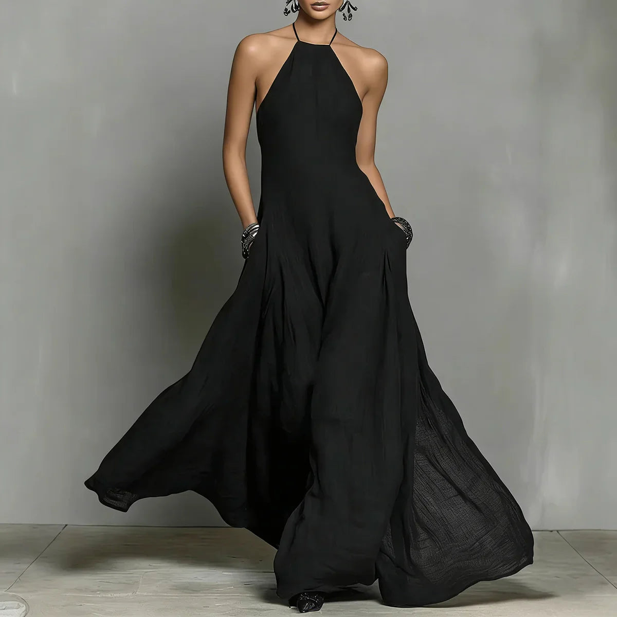 Women's Maxi Dress Halter Neck Sleeveless Flowing Tiered