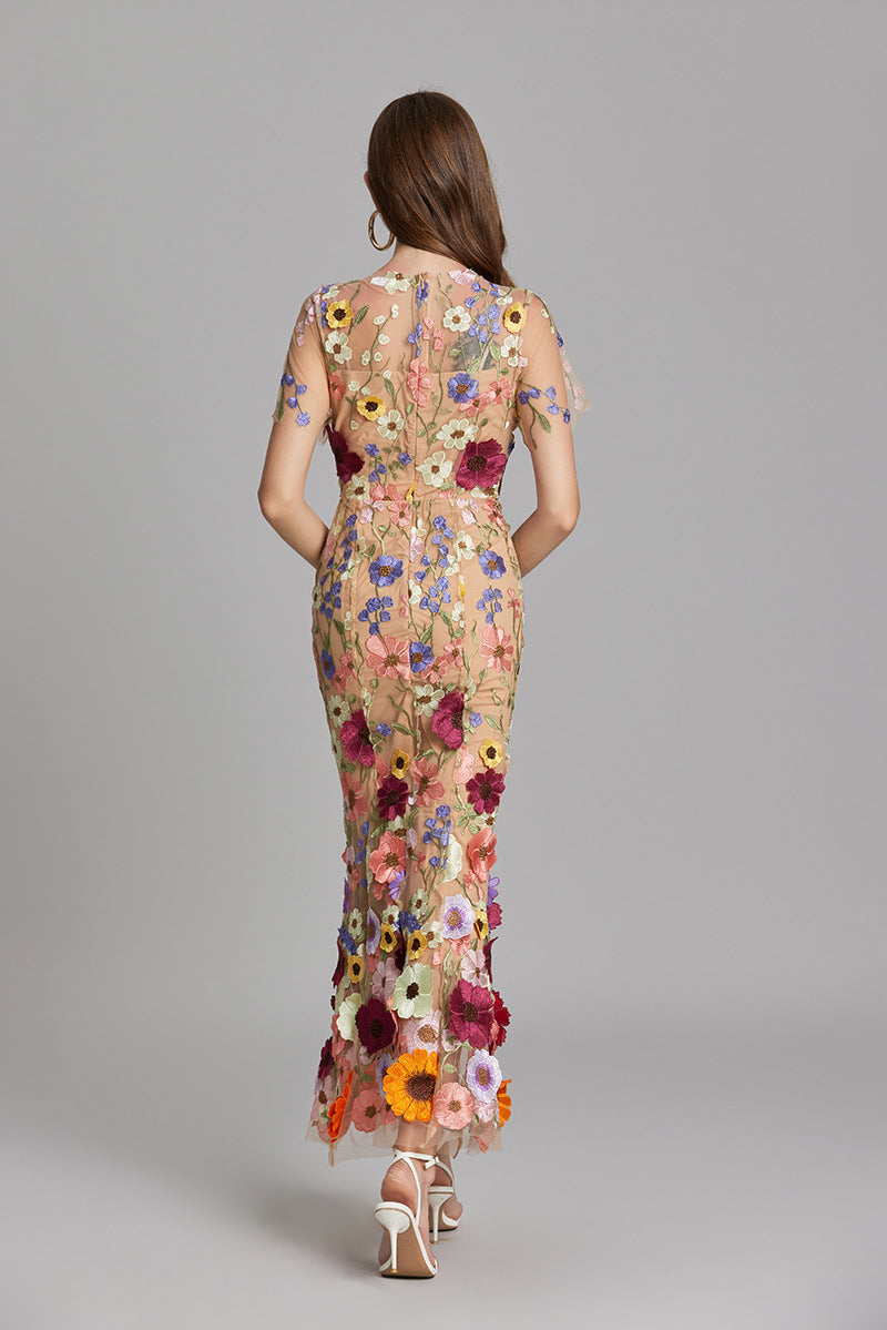 Women’s Floral Embroidered Maxi Dress with Sheer Overlay