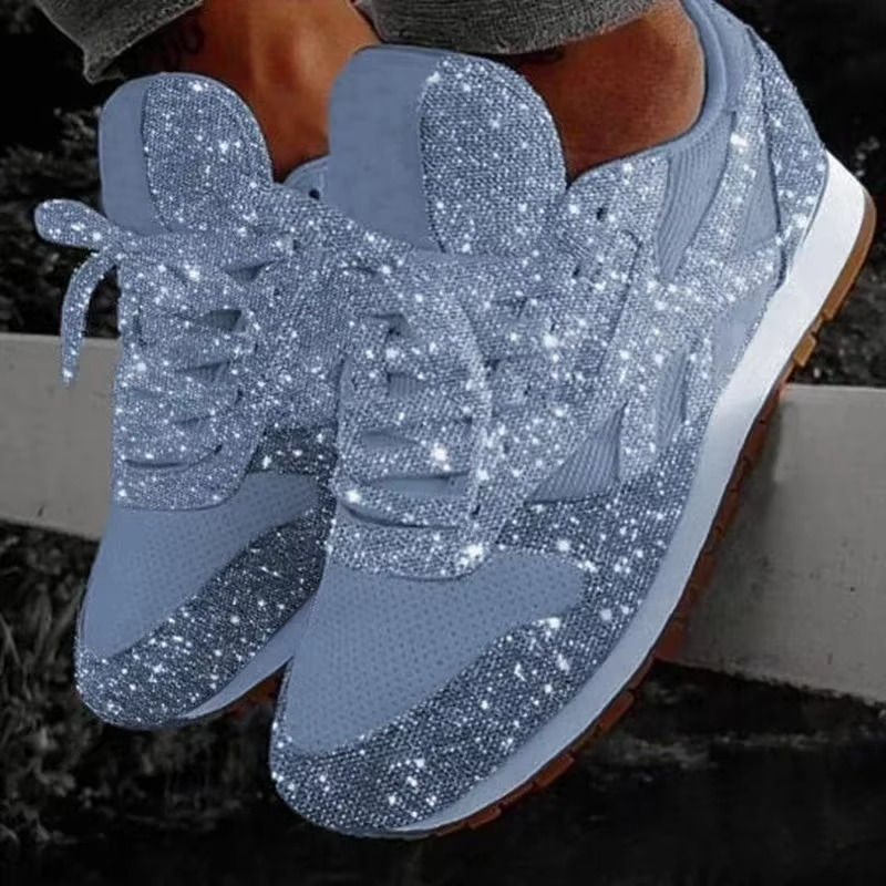 Glitter Mesh Sneakers for Women with Lace-Up Closure and Breathable Upper