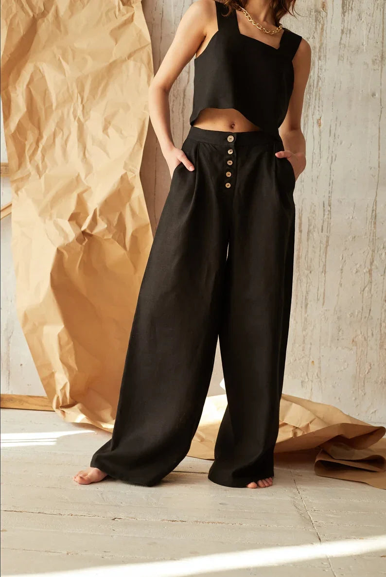 Women’s Wide Leg Pants with High Waist and Button Front Closure Pleated Loose Fit Trousers