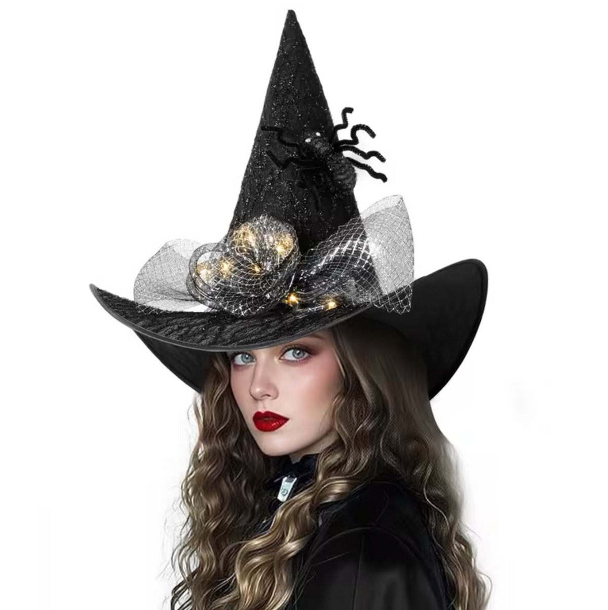 Illuminated Witch Hat with Spider Web and Rose Accents for Adults