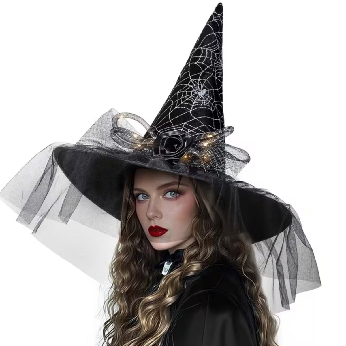 Illuminated Witch Hat with Spider Web and Rose Accents for Adults