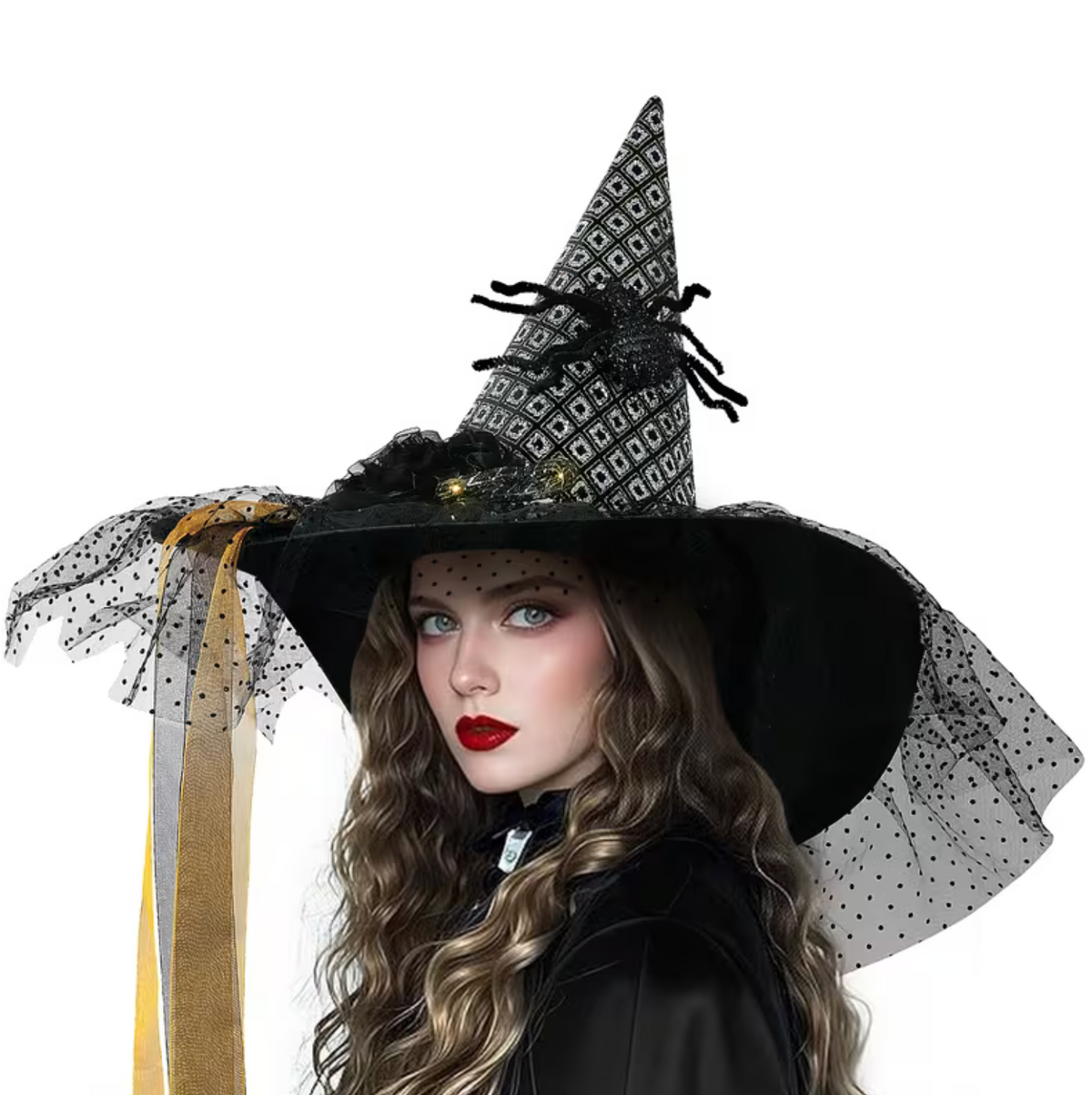 Illuminated Witch Hat with Spider Web and Rose Accents for Adults