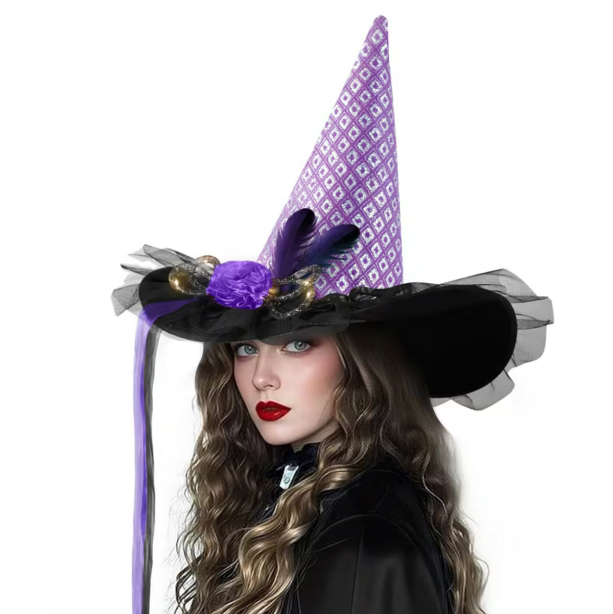 Illuminated Witch Hat with Spider Web and Rose Accents for Adults