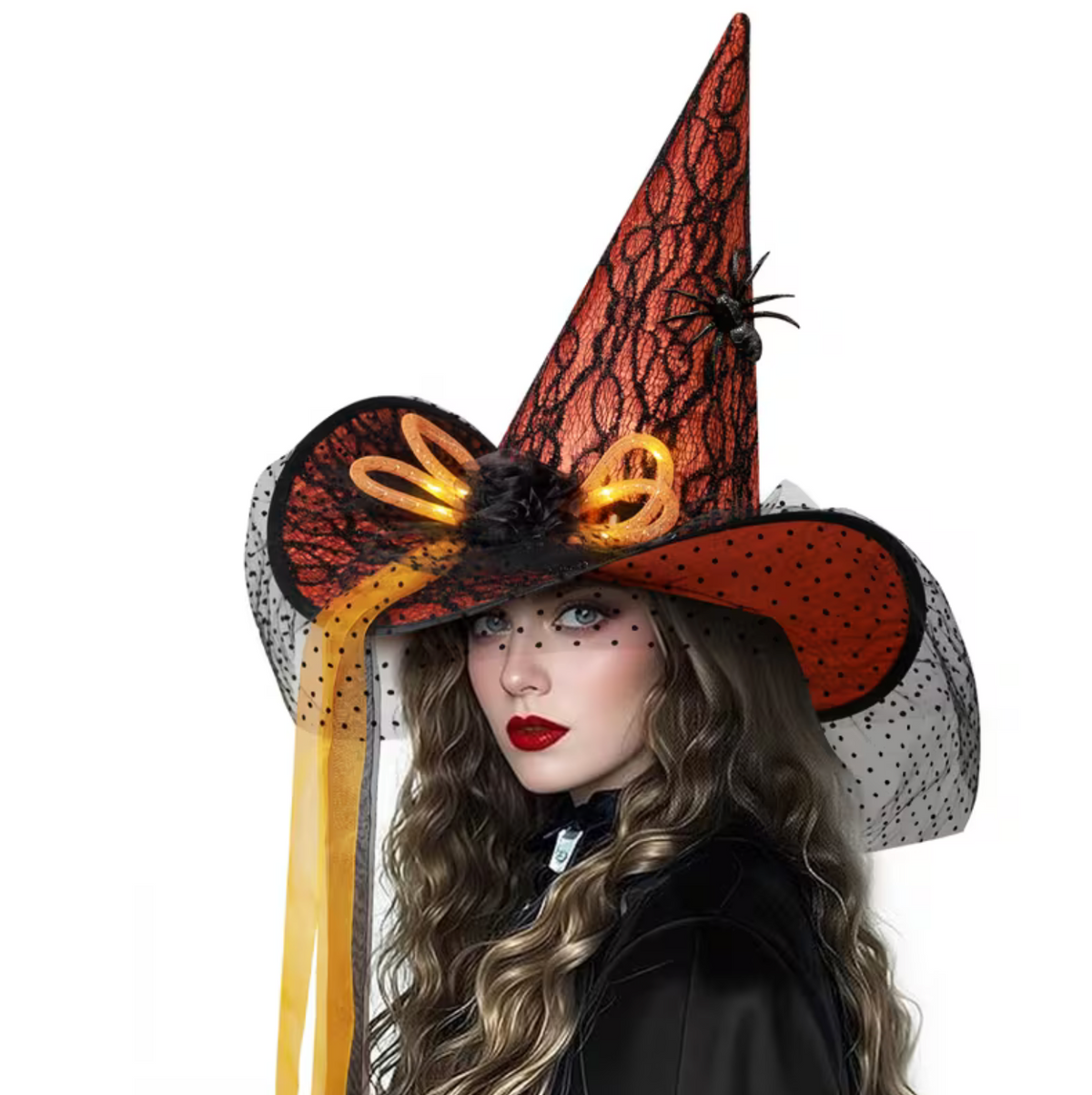 Illuminated Witch Hat with Spider Web and Rose Accents for Adults