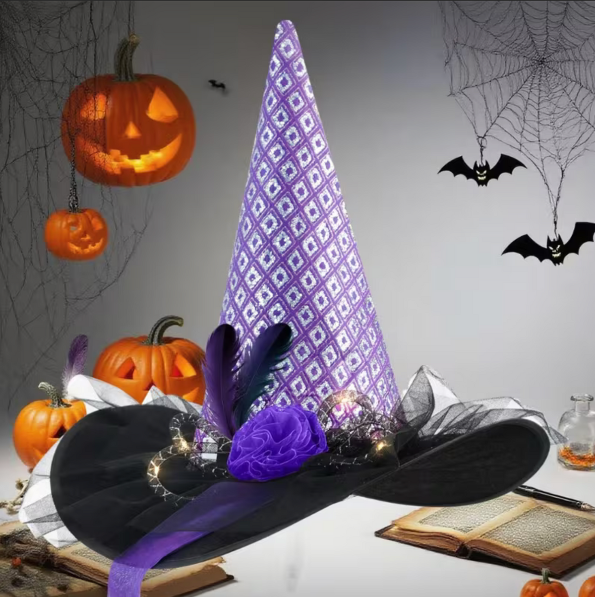 Illuminated Witch Hat with Spider Web and Rose Accents for Adults