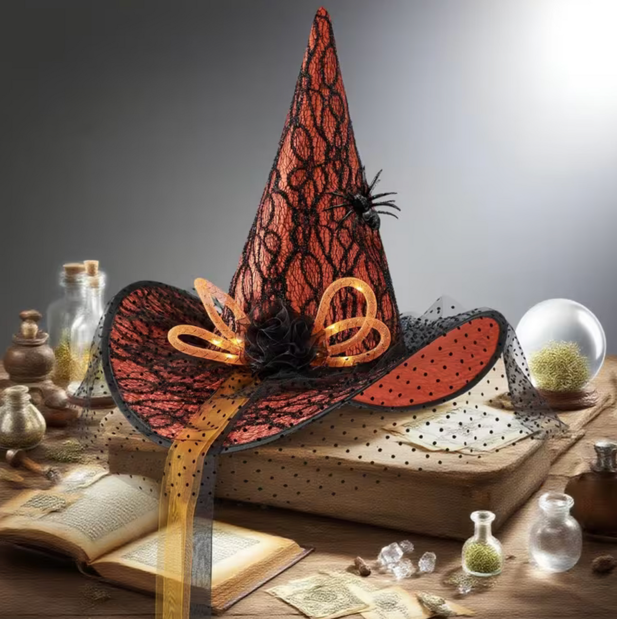 Illuminated Witch Hat with Spider Web and Rose Accents for Adults