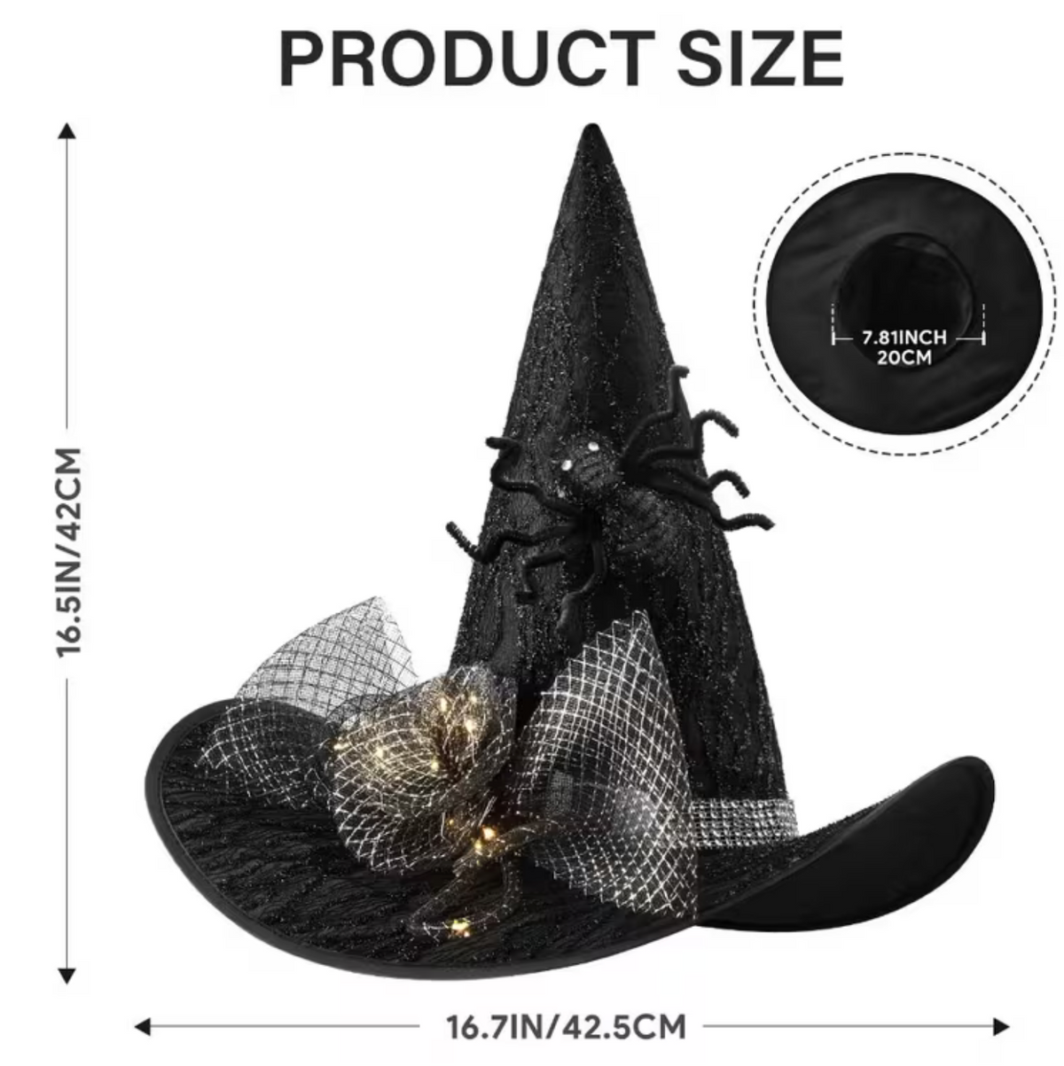 Illuminated Witch Hat with Spider Web and Rose Accents for Adults