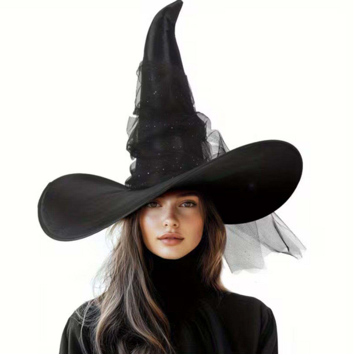 Pointed Witch Hat with Glitter Star Veil and Wide Brim for Costume Events
