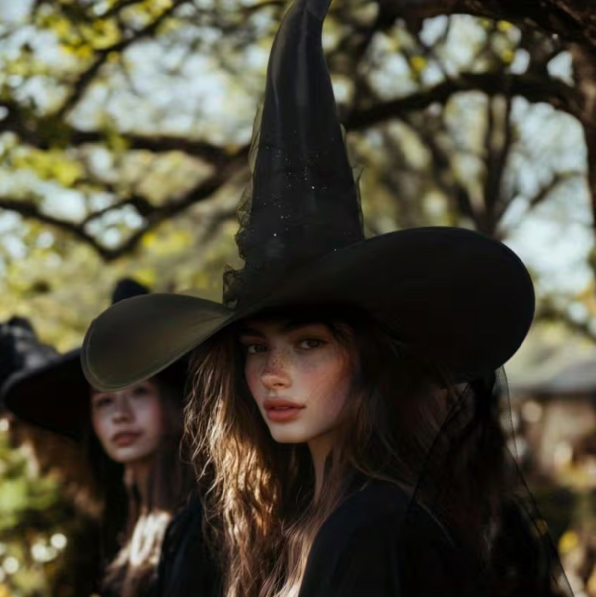 Pointed Witch Hat with Glitter Star Veil and Wide Brim for Costume Events