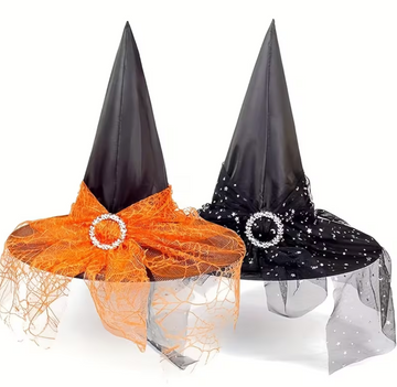 Witch Hat Set with Layered Tulle and Lace Trim, Black and Orange