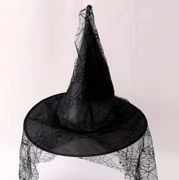Black Mesh Lace Witch Hat with Wide Brim and Pointed Cone for Adults