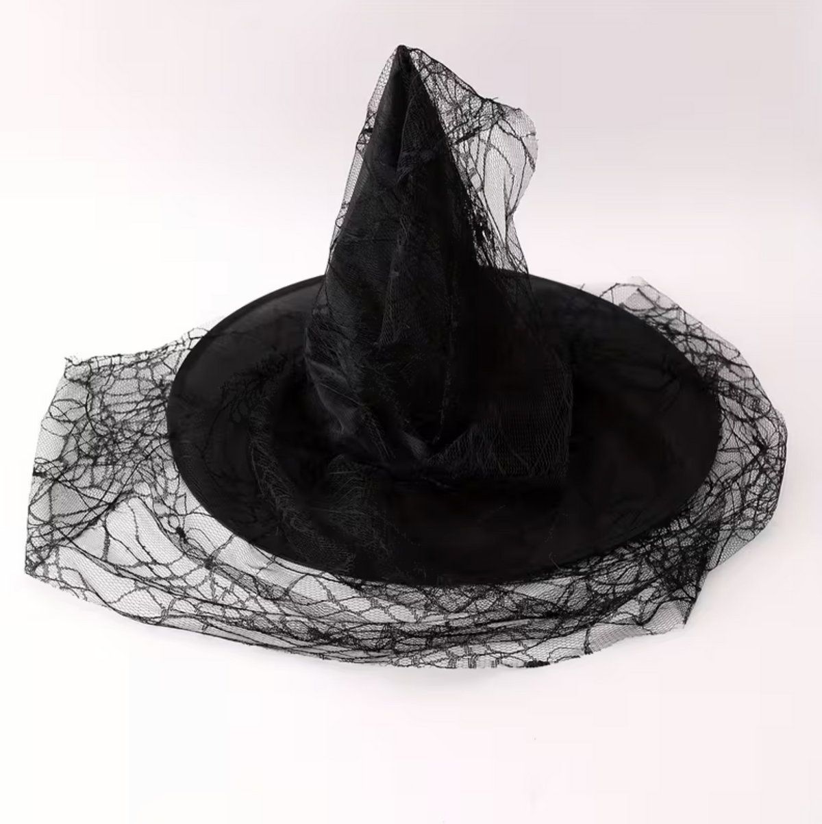 Black Mesh Lace Witch Hat with Wide Brim and Pointed Cone for Adults