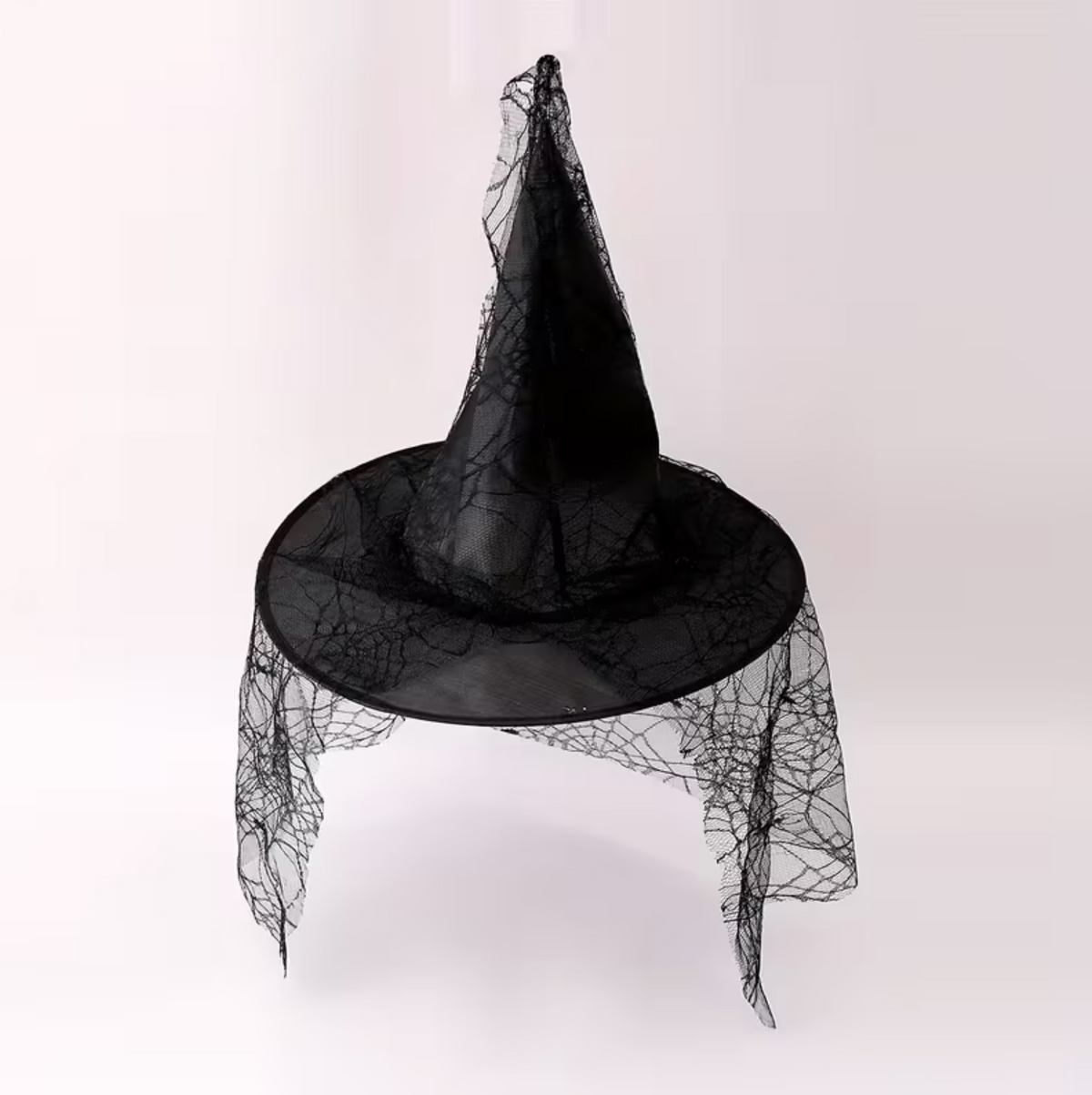 Black Mesh Lace Witch Hat with Wide Brim and Pointed Cone for Adults