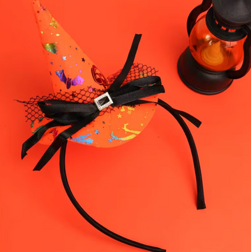 Witch Hat Headband with Lace Trim and Spider Web Accents, Adjustable Orange