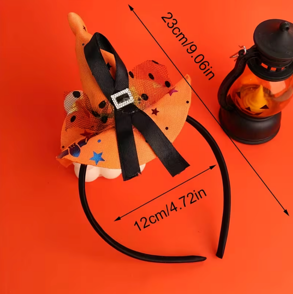 Witch Hat Headband with Lace Trim and Spider Web Accents, Adjustable Orange