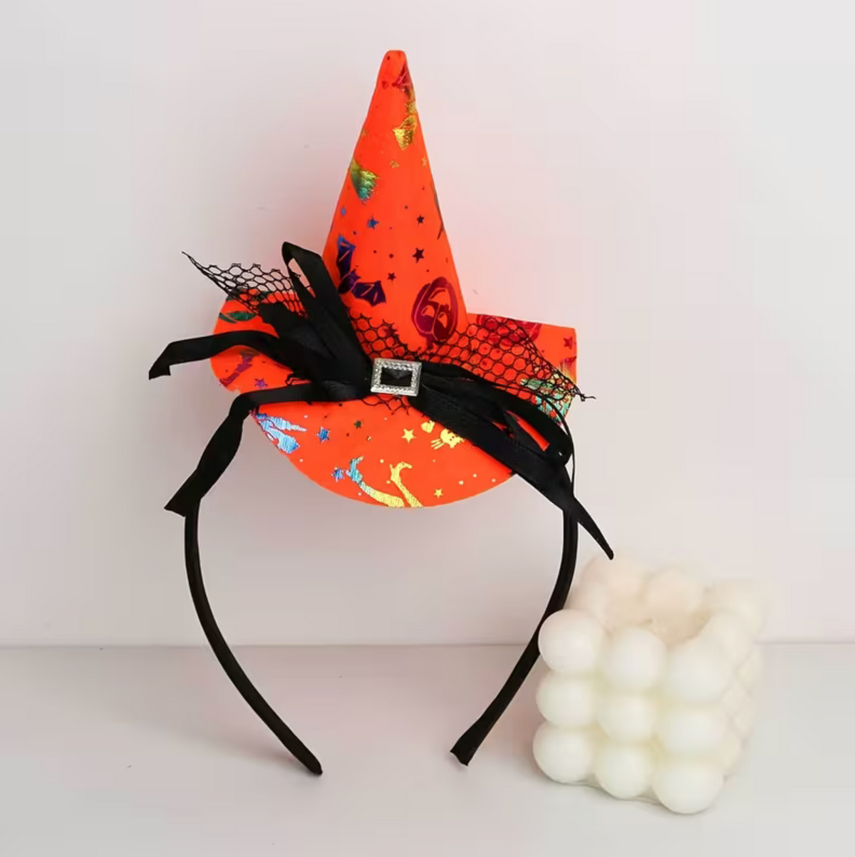 Witch Hat Headband with Lace Trim and Spider Web Accents, Adjustable Orange