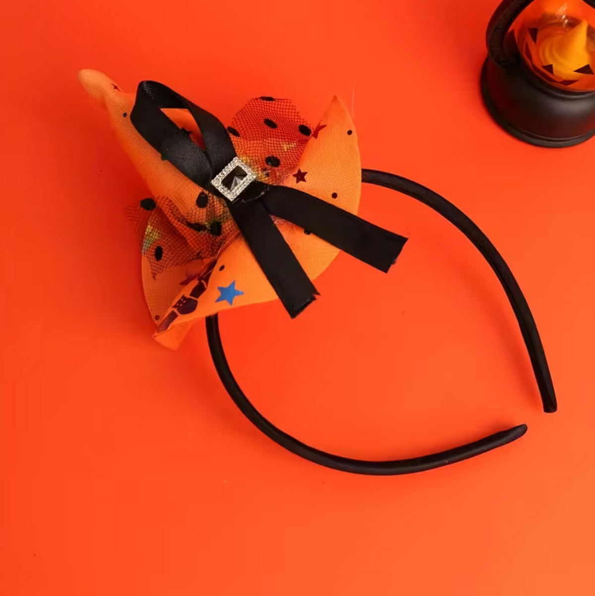 Witch Hat Headband with Lace Trim and Spider Web Accents, Adjustable Orange