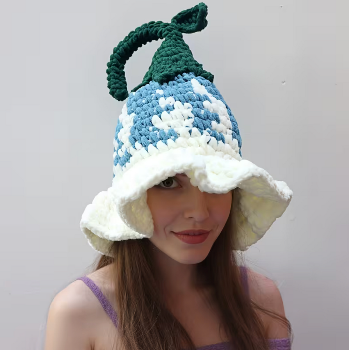 Pointed Wizard Hat with Crocheted Floral Design for Women