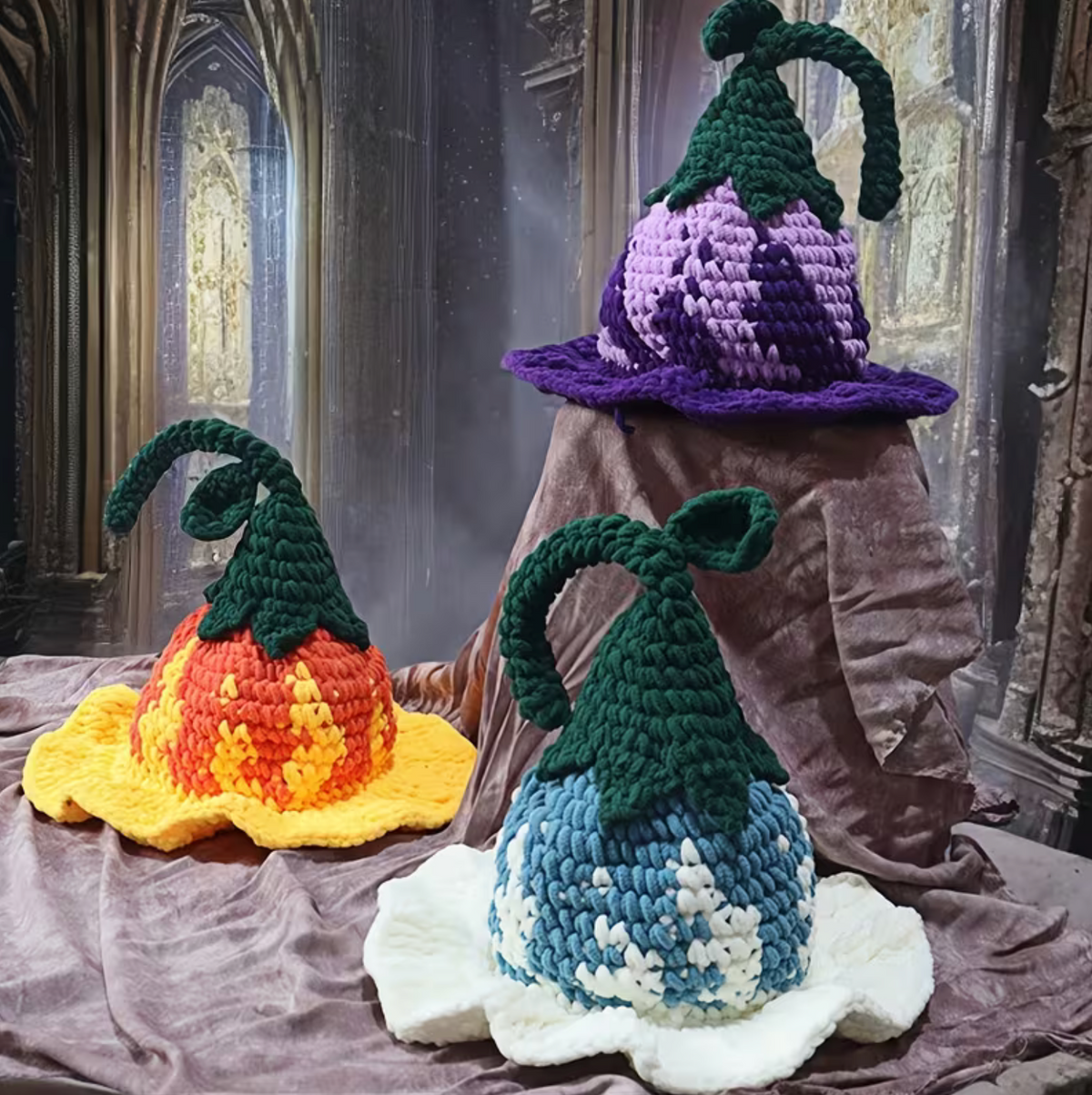 Pointed Wizard Hat with Crocheted Floral Design for Women