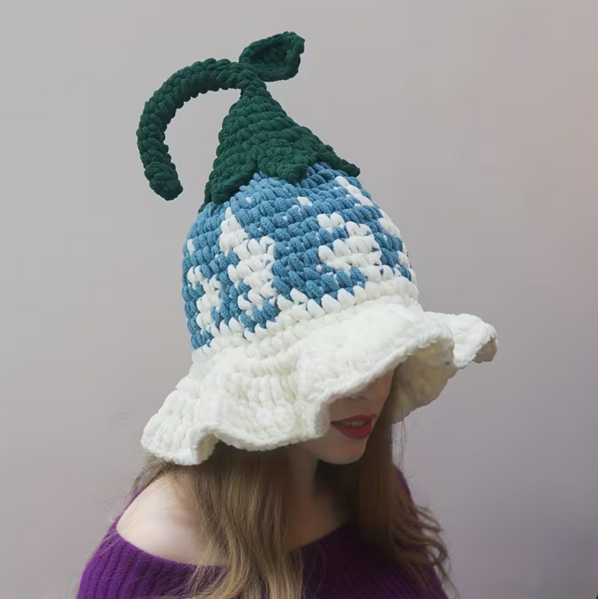 Pointed Wizard Hat with Crocheted Floral Design for Women