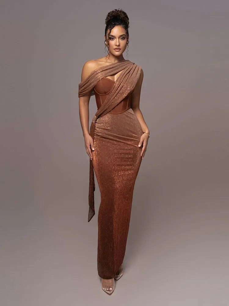 Women’s Off Shoulder Maxi Evening Dress with Draped Overlay and Sculpted Fit Elegant Event Style