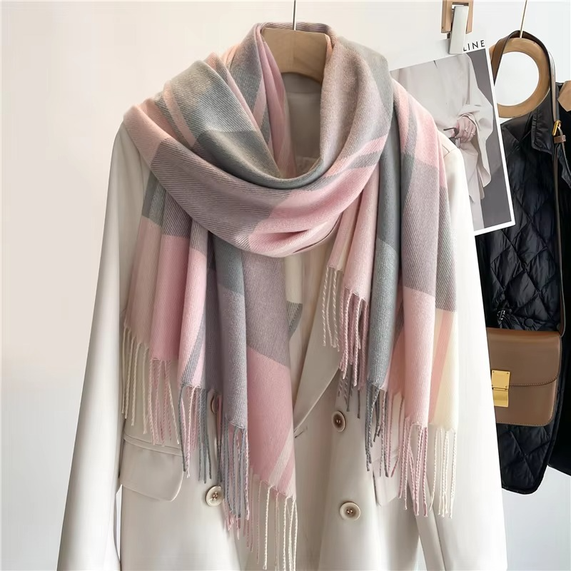 Woven Plaid Scarf with Tassel Fringe Edges and Adjustable Wrap, 78in x 27in