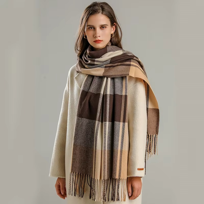 Woven Plaid Scarf with Tassel Fringe Edges and Adjustable Wrap, 78in x 27in