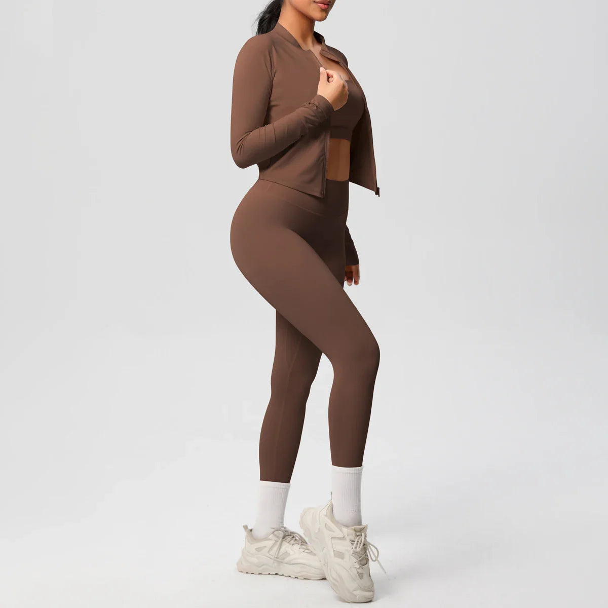 Women's Three Piece Gym Set - Cropped Jacket - Sports Bra - High Waist Leggings