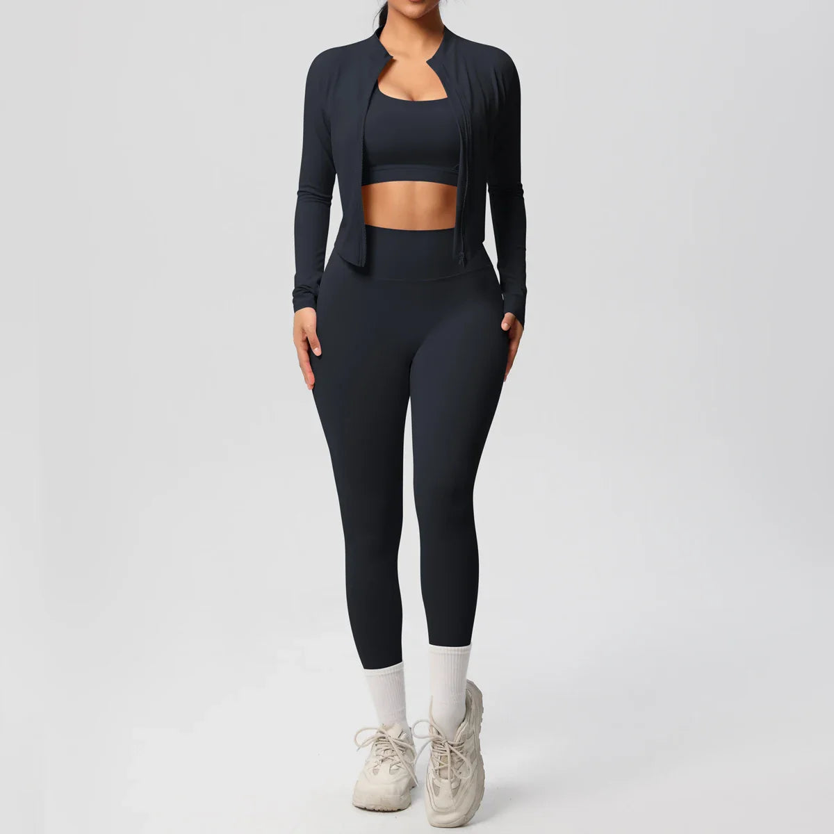 Women's Three Piece Gym Set - Cropped Jacket - Sports Bra - High Waist Leggings