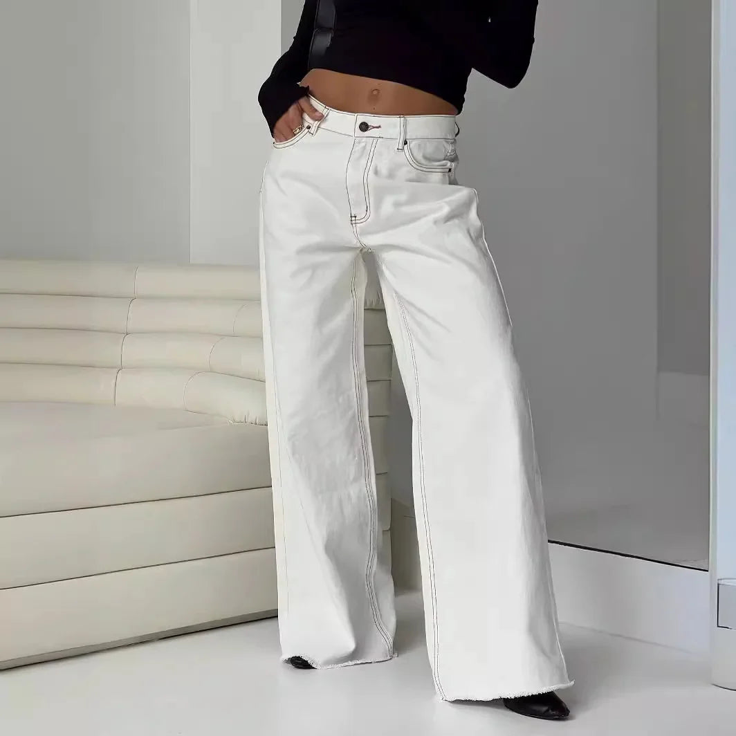 Damen-Jeans mit weitem Bein, hohem Bund, Knopfverschluss, Fünf-Taschen-Design und Kontrastnähten